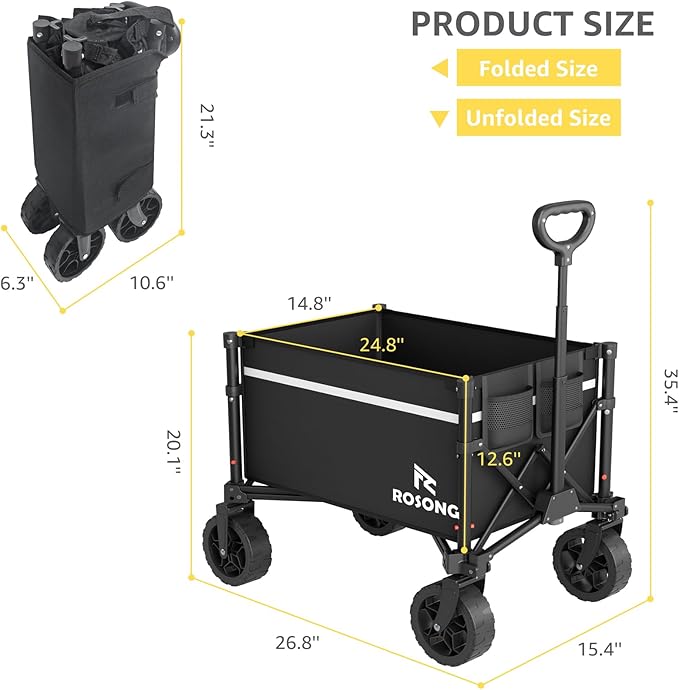 Collapsible Wagon Cart with Wheels Foldable - Folding Utility Heavy Duty Wagons Carts for Grocery Sports Garden Shopping Camping Wheelbarrows (Black, 90L)