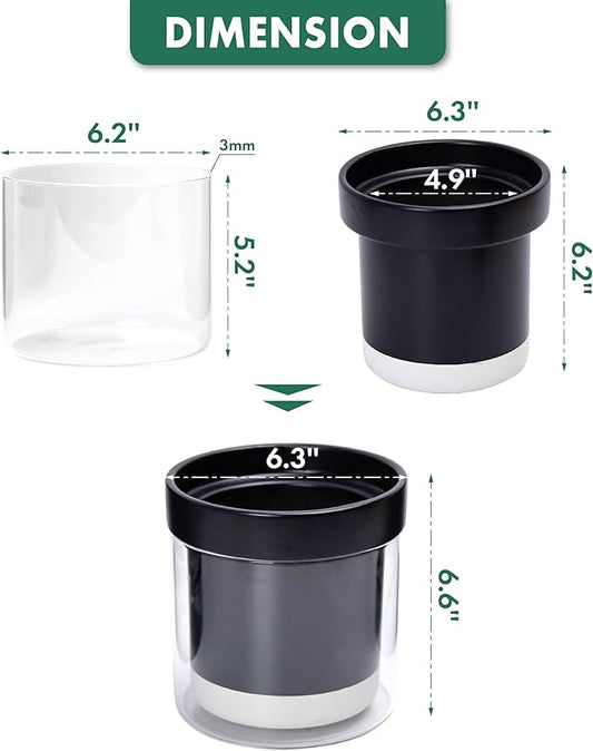 Phoenix Vine 6 Inch Self Watering Planter Pot, Black Terracotta Clay Pot with Glass Reservoir for Indoor Plants, Herbs, Flowers, Set of 2, 52-C-F-2