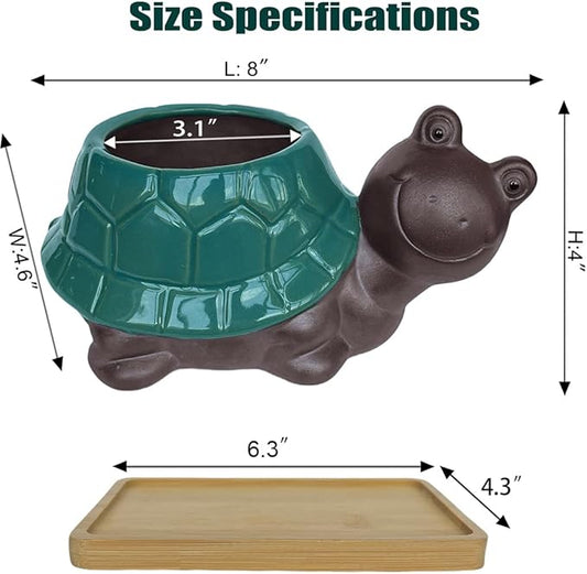 MUZHI Ceramic Bonsai Pot with Bamboo Tray SmilingTurtle Shape, Cute Animal Succulent Cactus Planter with Drainage Hole, Art Desk Decorations and Gift