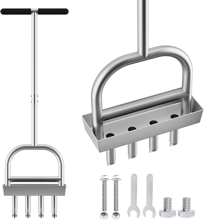 Lawn Aerator Coring Tool with Soil Core Storage Tray,4 Tine Stainless Steel Manual Garden Plug Aerator for Yard Grass,Lawn Coring Aeration for Soil Aeration,Lawn Care Cleaning,Compacted Soil(Silver)