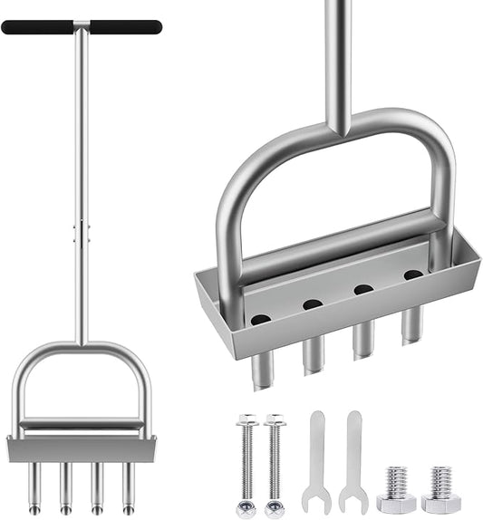 Lawn Aerator Coring Tool with Soil Core Storage Tray,4 Tine Stainless Steel Manual Garden Plug Aerator for Yard Grass,Lawn Coring Aeration for Soil Aeration,Lawn Care Cleaning,Compacted Soil(Silver)
