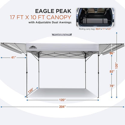 EAGLE PEAK 17x10 Pop up Gazebo Canopy Tent Outdoor Instant Canopy Shelter with Adjustable Dual Half Awnings (White)