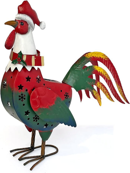 LIFFY Christmas Rooster Yard Decor,18" Metal Chicken Outdoor Decor with Solar Light,Garden Rooster Statues for Outside,Patio Decorative Ornaments for Home Backyard Landscape