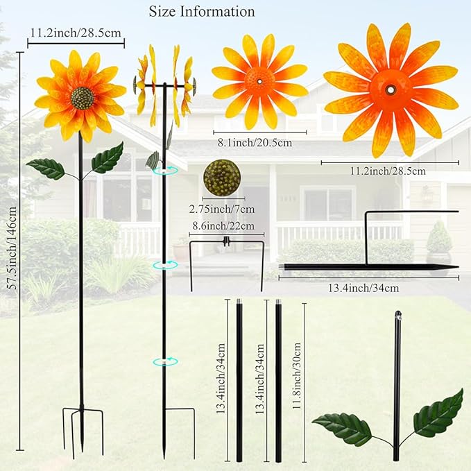 Viveta Sunflower Outdoor Wind Spinner, 4 Layers Metal Wind Spinners, Decorative Pinwheels for Yard Patio Lawn Garden