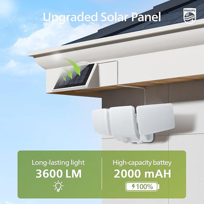 Philips 3600LM Solar Security Lights, 5000K waterproof Dimmable LED Motion Sensor Outdoor Lights, 3 Adjustable Heads w/16ft Cable, Separate Solar Panel with 3 Modes Solar Flood Lights for Yard, Garage