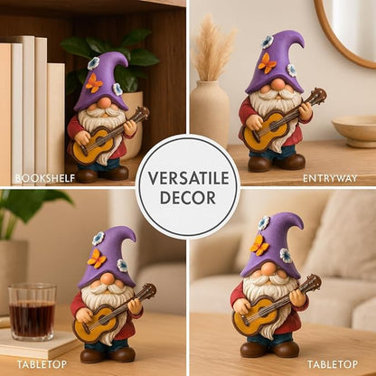 Musical Gnome Figurine with Guitar – Handcrafted Resin Garden or Shelf Decoration, 6.2" Tall Whimsical Gnome Statue with Purple Hat, Flowers & Butterfly, Gift for Music Lovers (Purple)