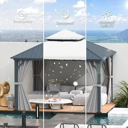 Domi 12’ X 12’ Hardtop Gazebo Canopy with Netting & Curtains, Outdoor Metal Gazebo with Galvanized Steel Double Roof for Patio Lawn and Garden, Gray