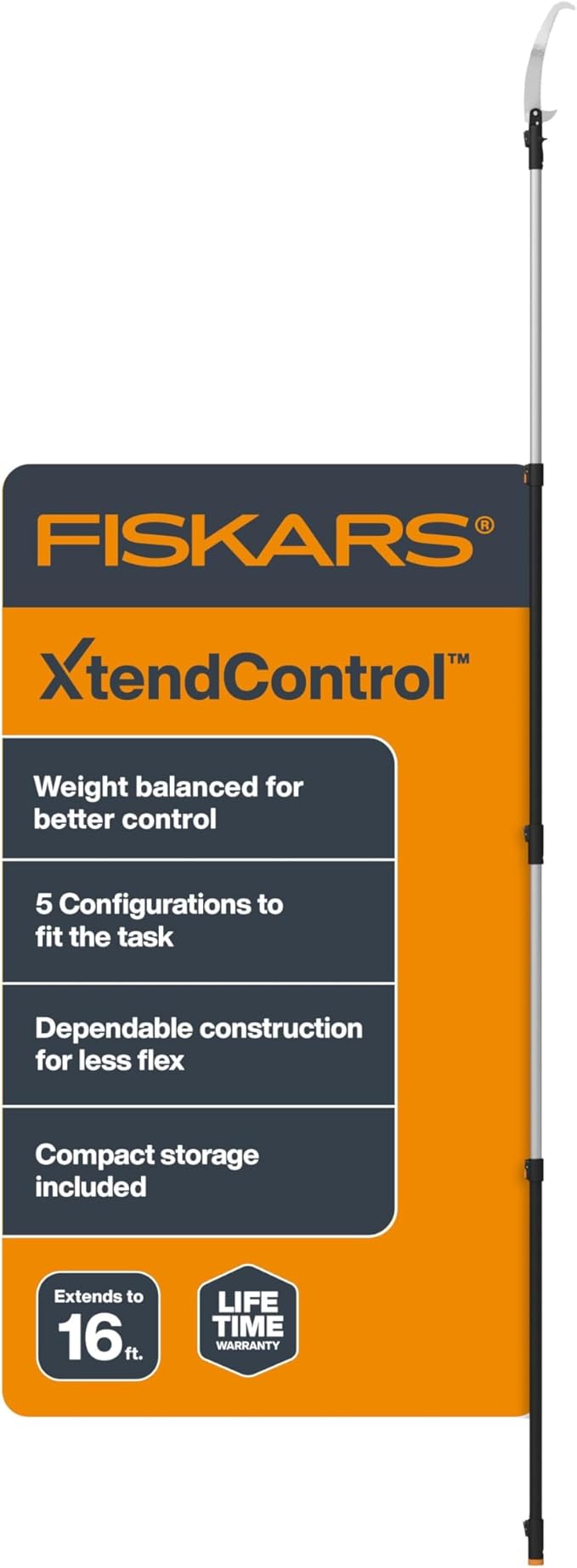 Fiskars XtendControl Extendable Tree Pruner (16 ft), Adjustable Branch Trimmer with Rotating Pruning Head, 15" X3 Double-Hooked Saw, 4-8 ft Extension Poles & Automatic Cord Reel for Precision Cutting