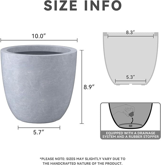 Kante 10 Inch Dia Round Concrete Planter, Indoor Outdoor Large Plant Pot with Drainage Hole and Rubber Plug for Home Patio Garden, Gray