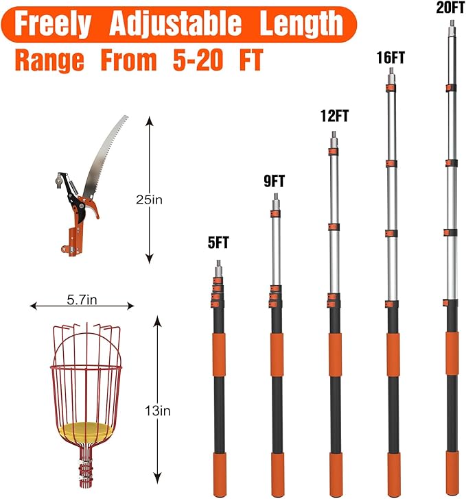 26FT Tree Trimmer, Manual Pole Saw with 5-20FT Extension Pole, Fruit Picker for Orange Lemon Mango Avocado Guava Fruit Picking