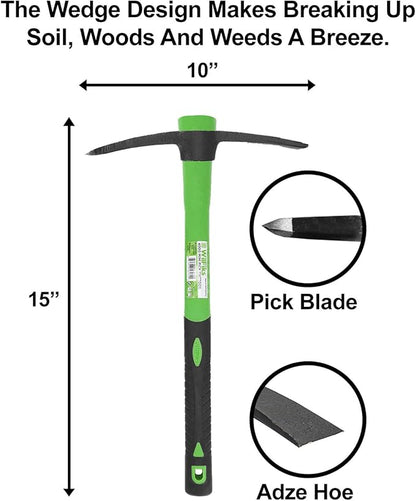 WilFiks Pick Mattock, 15" Heavy Duty Pick Axe Hand Tool with Forged Heat Treated Carbon Steel, Adze Hoe for Weeding, Prying and Digging Anti-Slip Grip, Fiberglass Ergonomic Shock Reduction Handle