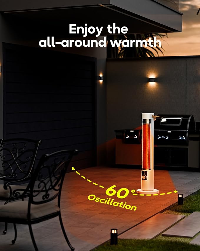 Patio Heater for Outdoor Use, 32" Electric Space Heater Indoor, Portable Infrared Heater with 60-Degree Oscillation, Timer, Remote, for Patio, Gazebo, White