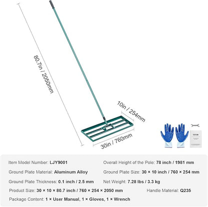 VEVOR Lawn Leveling Rake, 30" x10" Level Lawn Tool, Heavy-Duty Lawn Leveler with 78"" Steel Extended Handle, Yard Leveling Rake Suit for Garden, Golf Lawn, Farm, Green