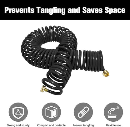 Coil Hose,3/8" EVA Coil Garden Hose 50 FT,Curly Water Hose Lightweight with Brass Connectors,Recoil Garden Hose Includes 8-Pattern Spray Nozzle for Boat, Yard, Patio, Green
