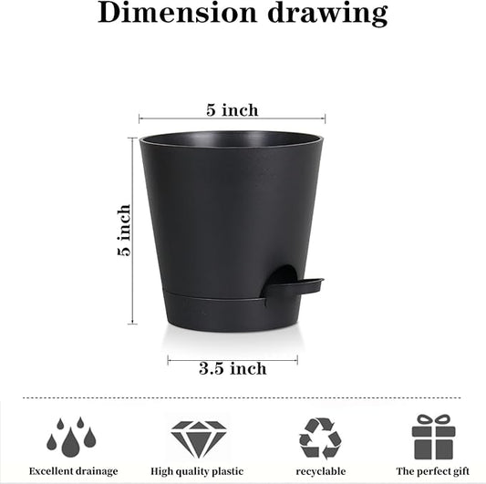 5 Pack 5 inch Self-Watering Pots, African Violets Planter with Drainage Holes and Reservoir, Black Plastic Planter for Indoor Outdoor Plants Flowers and Houseplants Black, 5 inch 5 pcs