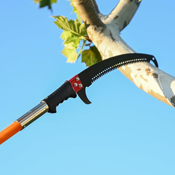 27FT Manual Pole Saw, Tree Branch Trimmer with 8-Section Fiberglass Handle, Sharp Steel Blade, Lightweight Extendable Design for High Branch Trimming, Orange