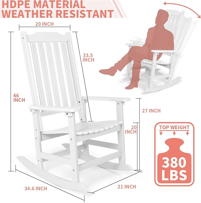 Outdoor Rocking Chairs Set of 2, Oversized All Weather High Back Porch Rocker, Patio Rockers for Outside
