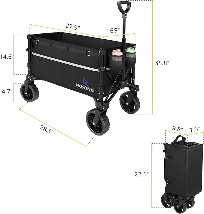 Collapsible Wagon Cart with Wheels Foldable - Folding Utility Heavy Duty Wagons Carts for Grocery Sports Garden Shopping Camping Wheelbarrows (Black, 120L)