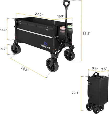 Collapsible Wagon Cart with Wheels Foldable - Folding Utility Heavy Duty Wagons Carts for Grocery Sports Garden Shopping Camping Wheelbarrows (Black, 120L)