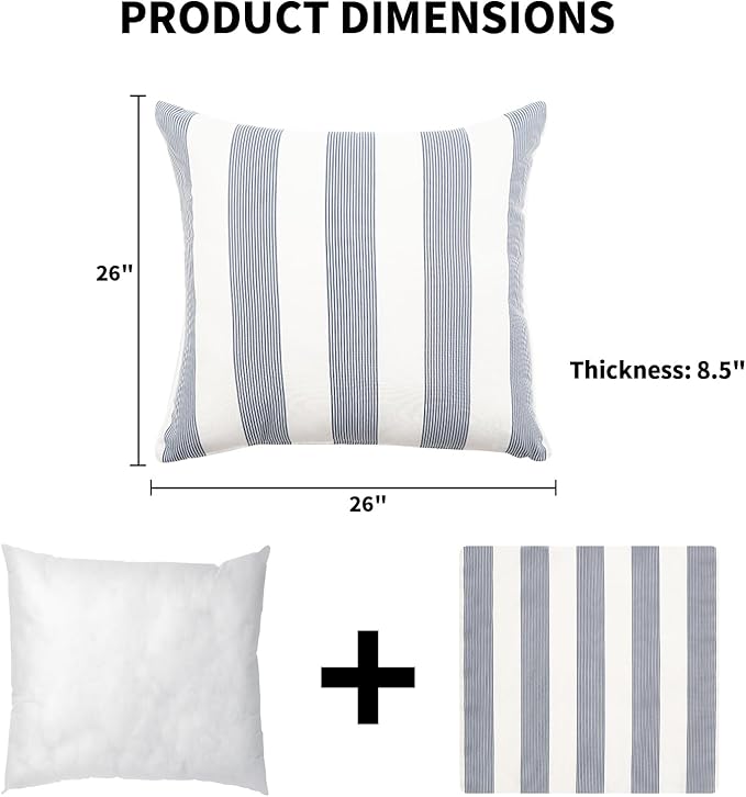 2 Pack Outdoor Throw Pillows 26x26 Inch Water-Resistant Decorative Pillow Cushions with Insert for Patio Garden Porch, Blue Stripe