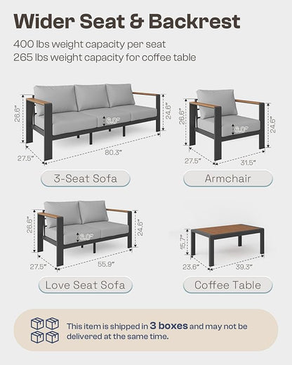 Aluminum Outdoor Patio Furniture Loveseat, All-Weather Outdoor Patio Sofa with Washable Thick Cushion, Patio Sofa Couch for Porch, Balcony, Deck, Yard, Gray