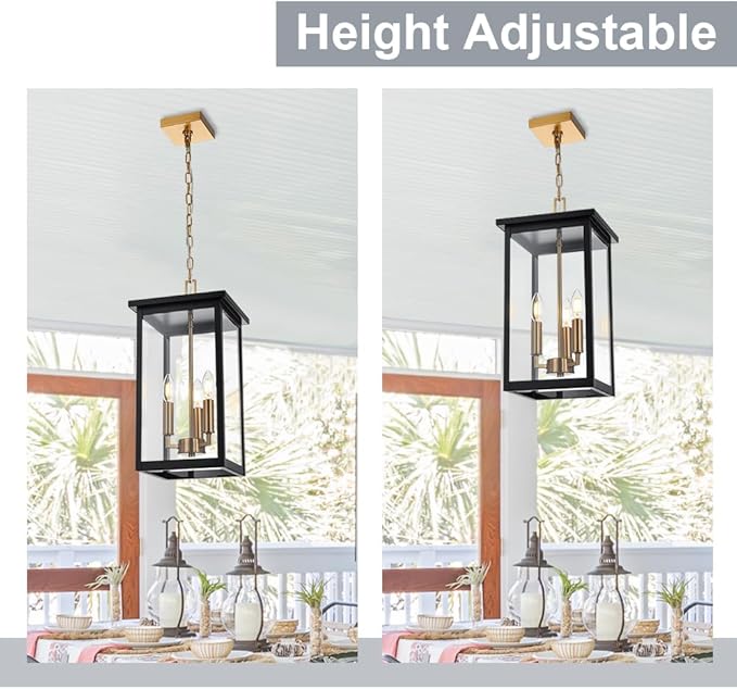 3-Lights Large Outdoor Pendant Lighting Clear Glass, Ceiling Porch Light Fxitures Adjustable Chain for Foyer Patio, Exterior Hanging Lantern Lamp, E12 Bulb Base, Black & Bruhed Brass