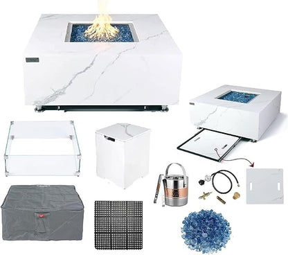 Elementi+ | Bundle Bianco Gas Fire Pit | Marble Porcelain & Metal Frame | 40" Square Fire Table | Electronic Ignition | Canvas Cover, Fire Glass & Burner Lid Included | White | Propane Gas