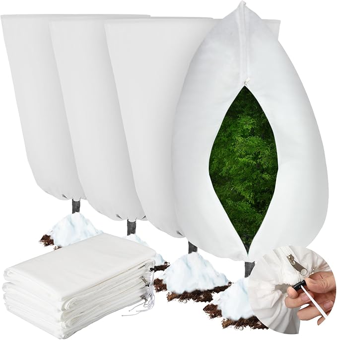 4 Pcs Plant Covers Freeze Protection 35.4" x 59" Winter Frost Blankets for Outdoor Plants with Zipper Drawstring Frost Cloth Freeze Covers Warm Shrub Jacket for Fruit Tree Potted(White)