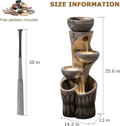 4 Tiered Water Fountain Outdoor, 35.6" Tall Cascading Bowl Leaf Carved Outdoor Waterfall Fountains Modern Water Feature with Dual Planters for Garden, Patio,Deck, Yard, Indoor Decor