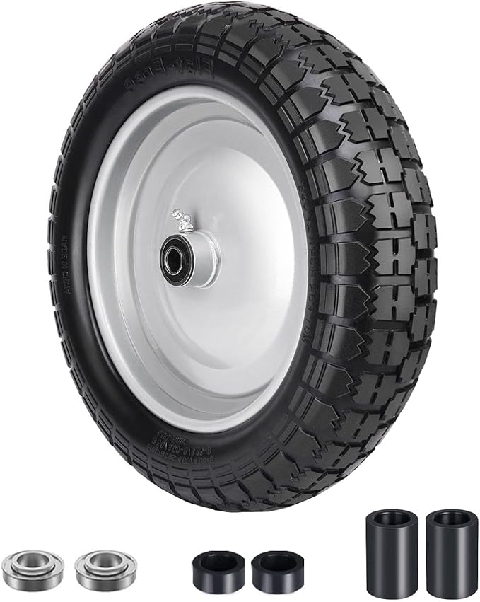 4.80/4.00-8 Tire, 14.5" Flat Free Wheelbarrow Tire and Wheel, 5/8" 3/4" Bearings Solid Replacement Tires, 3" -7" Centered Hub, Universal Fit 3.50/3.00-8, 4.00-6 Trolley Dolly Go Kar, 1 Pack