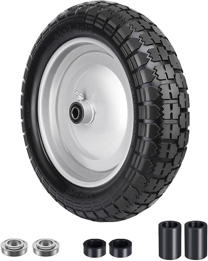 4.80/4.00-8 Tire, 14.5" Flat Free Wheelbarrow Tire and Wheel, 5/8" 3/4" Bearings Solid Replacement Tires, 3" -7" Centered Hub, Universal Fit 3.50/3.00-8, 4.00-6 Trolley Dolly Go Kar, 1 Pack