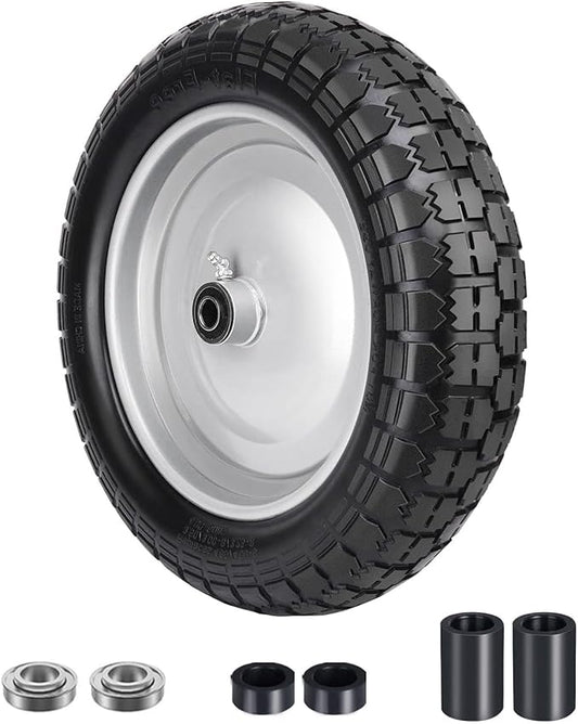 4.80/4.00-8 Tire, 14.5" Flat Free Wheelbarrow Tire and Wheel, 5/8" 3/4" Bearings Solid Replacement Tires, 3" -7" Centered Hub, Universal Fit 3.50/3.00-8, 4.00-6 Trolley Dolly Go Kar, 1 Pack