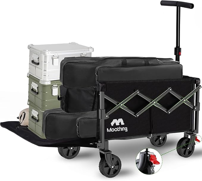 Collapsible Wagon, Foldable Wagon with Tailgate Extended, 360lbs Heavy Duty, Portable Lightweight Utility Wagon for Grocery, Camping, Garden, Sports, Black T