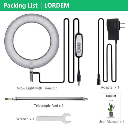 LORDEM Black Full Spectrum LED Grow Light, 72 LEDs, 4 Brightness Settings, Auto On/Off Timer, Height Adjustable, Ideal for Large Plants