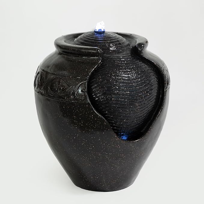 17.7 in. Glazed Pot Water Fountain with LED Light, Provide Indoor and Outdoor Water Features for Gardens、Backyard、Living Rooms、 Offices (Black Gold)