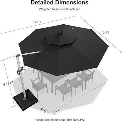 PURPLE LEAF 12ft Solar powered LED Patio Umbrella Outdoor Round Umbrella Large Cantilever Umbrellas with LED lights Windproof Offset Umbrellas Heavy Duty Sun Umbrella for Garden Deck Pool Patio, Black