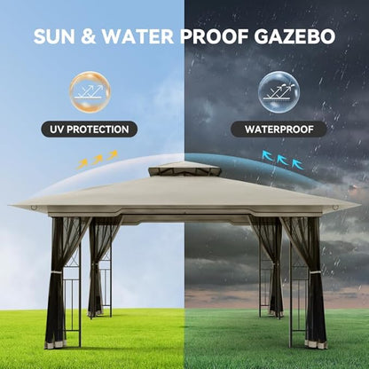 11x13 Outdoor Patio Gazebo with Mosquito Netting and Corner Frame Screen Wall, Double Roofs Metal Frame Party Canopy Tent Shelter for Backyard Garden Deck - Tan