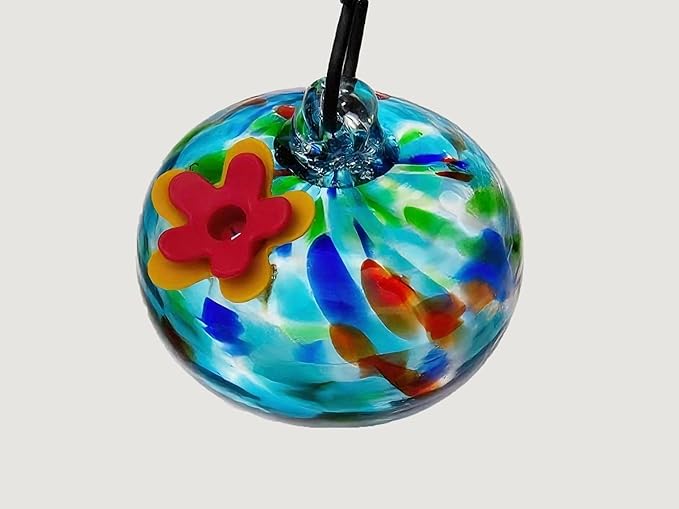 Decorative Glass Wind Chime Type Hummingbird Feeder Hanging Type, Blue with red Floral Design, 6 Hanging Spheres, ant Proof and Sealed, Perfect for Outdoor Garden Decoration.