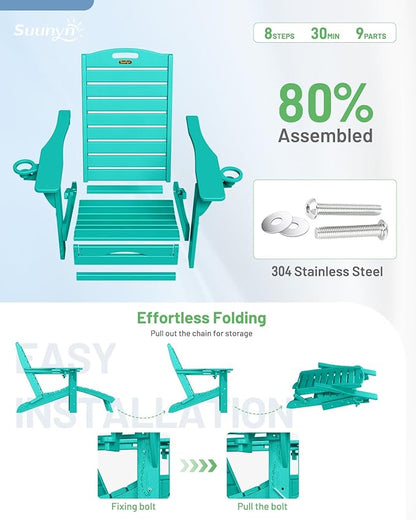 Folding Adirondack Chairs Set of 6,Adirondack Chair with Retractable Ottoman,Plastic Adirondack Chairs with 2 Cup Holder,Weather Resistant Patio Chair,Outdoor Chairs Set of 6(Lake Blue)