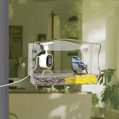 Freesason Smart Bird Feeder with Camera & AI Bird Identifier, 2K HD Auto-Capture Video, Window Mounted with Strong Suction Cups, Unique Tech Gift for Birds Watchers (Clear)