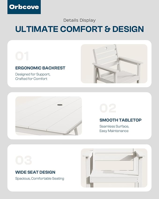 Patio Table and Chairs Set with Umbrella Hole, HDPE Patio Dining Set for 6, Outdoor Dining Set for Lawn, Patio, Porch, Deck, Poolside, Yard (White, 7-Piece)