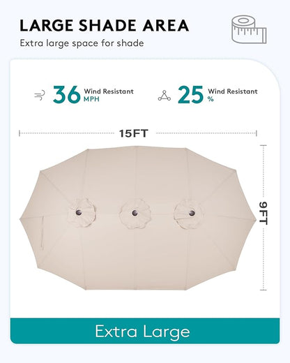 SERWALL HDPE Patio Furniture Set with 15FT Double Side Patio Umbrella, 7-Piece Outdoor Modular Sectional Sofa Set, All Weather Patio Couch Set for Deck, Black & Beige（Umbreall Base not Included）