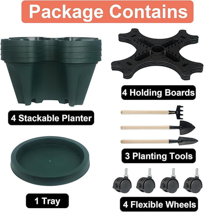 Vertical Planter 4 Tier Stackable Planters Garden Planters Strawberry Herb Flower and Vegetable Planter Indoor Outdoor Gardening Pots with Removable Wheels and Tools 2-Pack