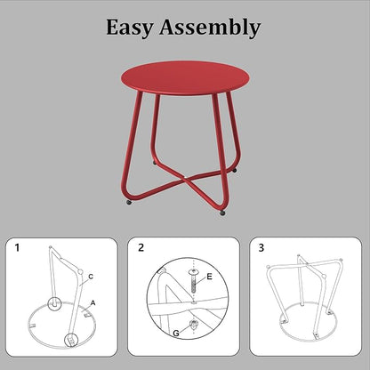 Patio Side Table Waterproof Round Metal Steel Weather Resistant Portable Outdoor and Indoor End Table for Garden Balcony Yard, Dark Red