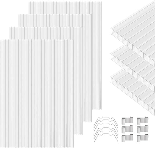 Polycarbonate Greenhouse Panels 5 Pack 4' x 2' x 0.24" Twin-Wall UV-Protected All Weather Plastic Roof Panel Clear Replacement Sheets for Garden Fences, Furniture DIY,Outdoor Roofing