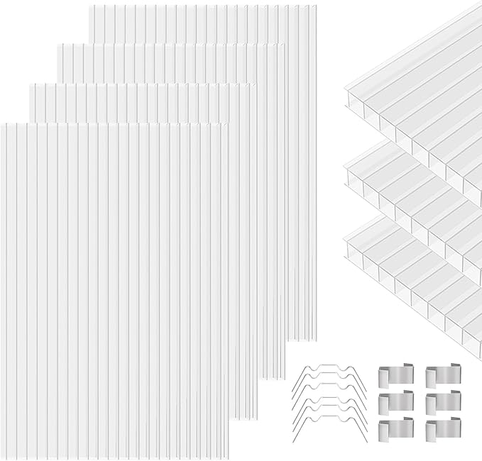 Polycarbonate Greenhouse Panels 12 Pack 4' x 2' x 0.24" Twin-Wall UV-Protected All Weather Plastic Roof Panel Clear Replacement Sheets for Garden Fences, Furniture DIY,Outdoor Roofing