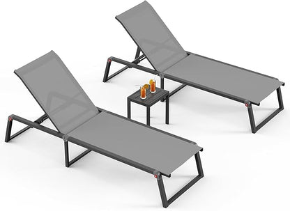 Aluminum Patio Chaise Lounge Set of 2 with 1 Side Table, Foldable Outdoor Pool Lounge Chairs 5-Position Recliner for Outside Poolside, Fully grounded legs Sun Lounger for Beach, Yard, Dark Gray