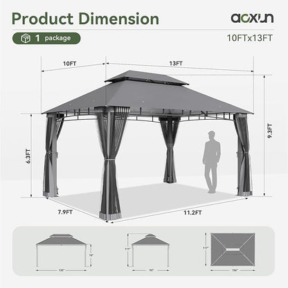 AOXUN Outdoor Gazebo for Patio 10x13, Metal Frame Canopy with Double Roofs, Heavy Duty Party Tent and Shelter with Mosquito Nettings for Backyard, Lawn, Garden, Deck (Gray/no Privacy Screen)