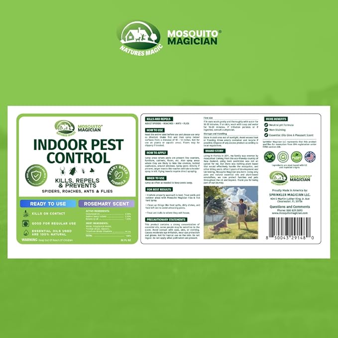 Mosquito Magician Indoor Pest Spray – Design for Indoor Use to Neutralize Spiders, Roaches, Ants & Flies with Plant-Sourced Essential Oils, Efficient Ready to Use Home Pest Spray – Rosemary, 32 OZ
