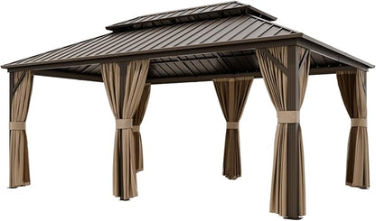 COOS BAY 12x18 Hardtop Gazebo with Aluminum Frame, Galvanized Steel Double Roof Outdoor Pavilion with Netting and Curtains, Dark Brown/Tan